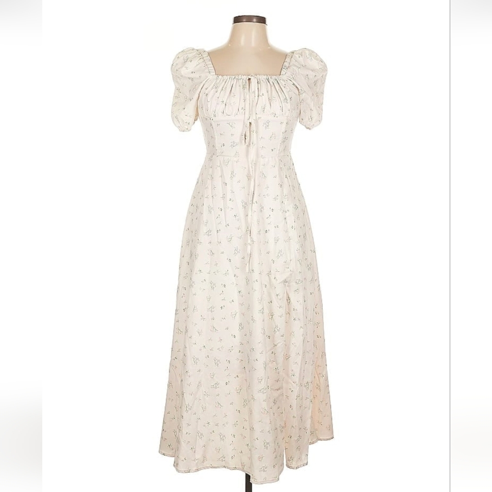 Lattelier, Size L || Cream & Spring Floral || Puff Sleeve Dress